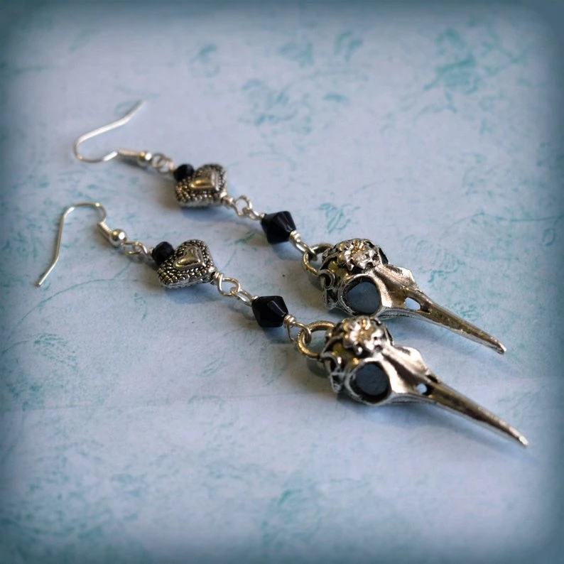 Raven Skull Earrings, Bird Skull Earrings, Raven Earrings, Bird Skull Jewelry, Gothica, Gothic Jewelry,