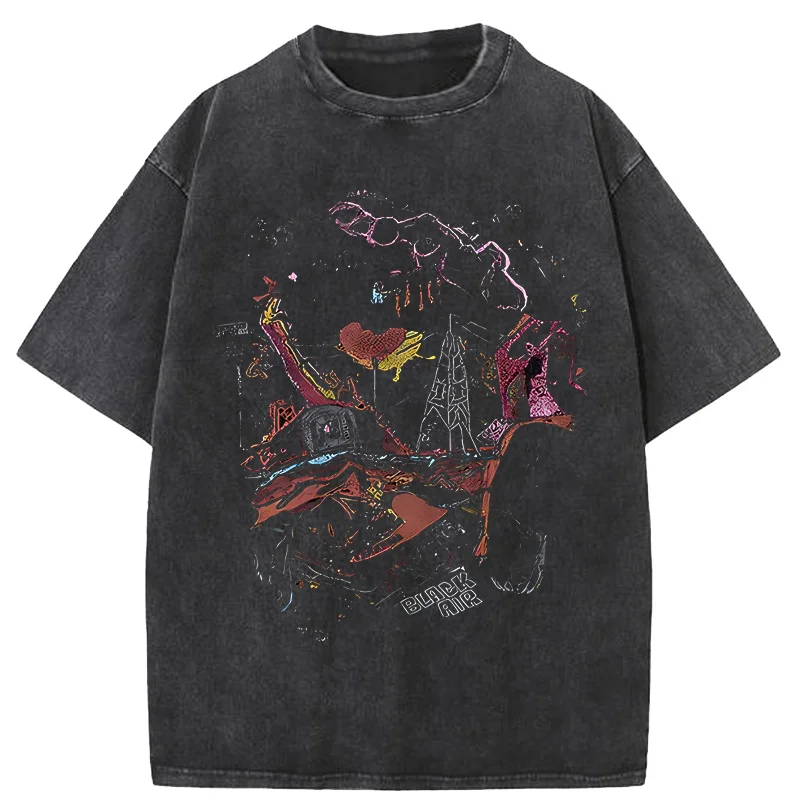 T-Shirt męski czarny źródłowy Vintage prany w stylu Harajuku Streetwear oversize hip-hopowy Top koszulki męskie podarte grafika drukowana