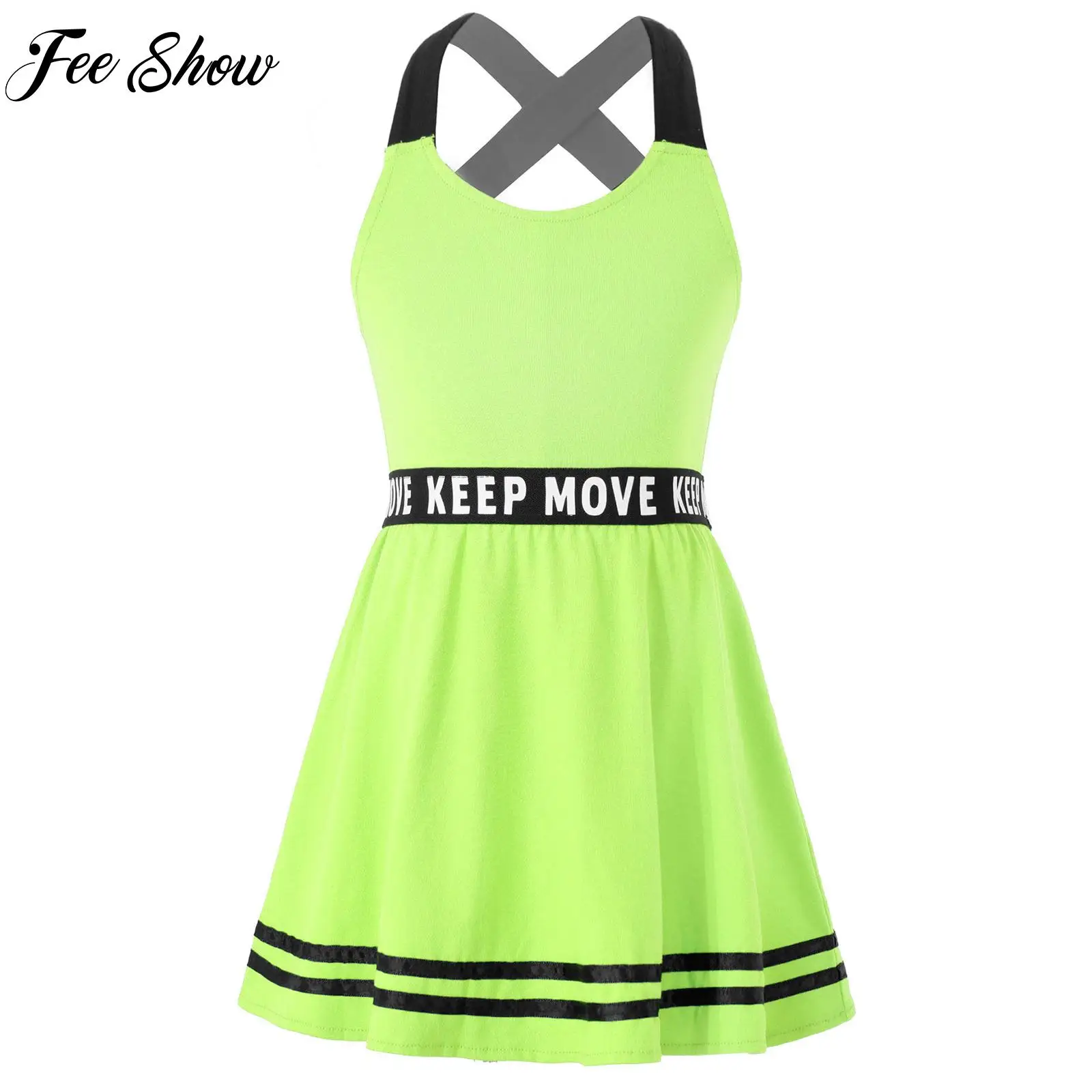 Kids Girls Tennis Athletic Dress Criss Cross Shoulder Straps Letters Printed A-line Athletic Dress for Workout Exercise Sports