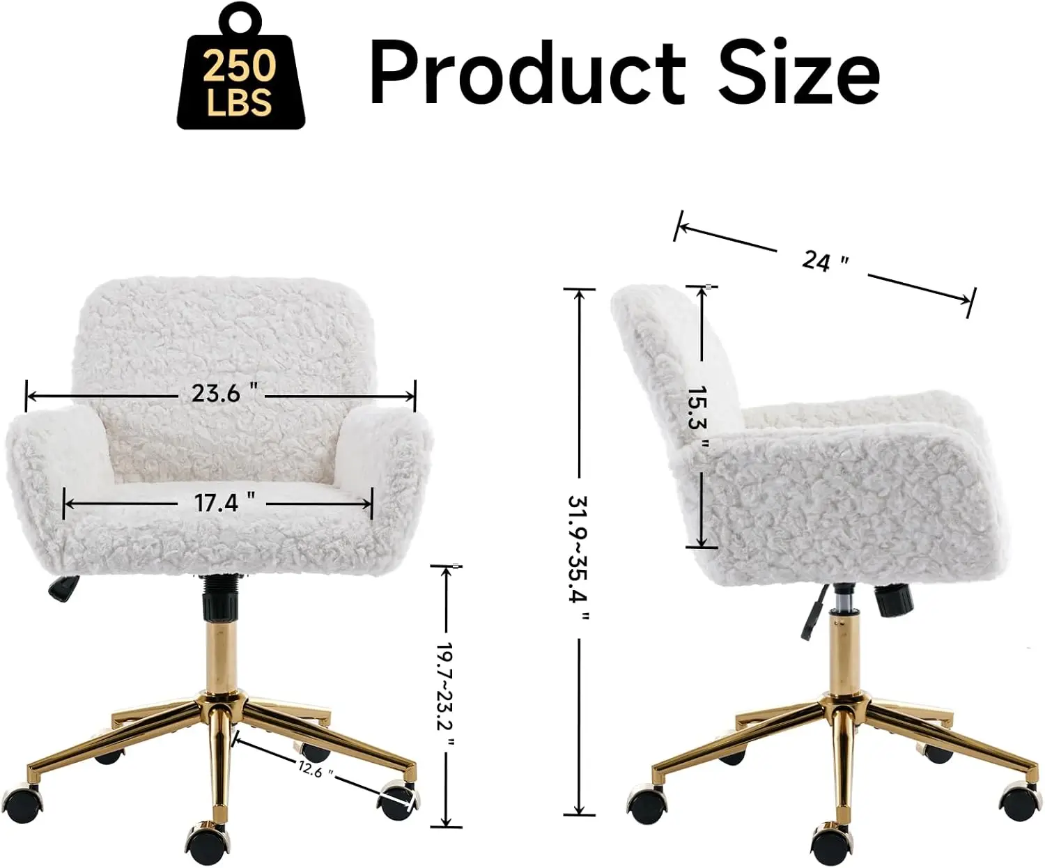 HMFULE Artificial Rabbit Hair Home Office Chair with Golden Metal Base Adjustable Desk Chair with Wheels Computer Vanity Chair f