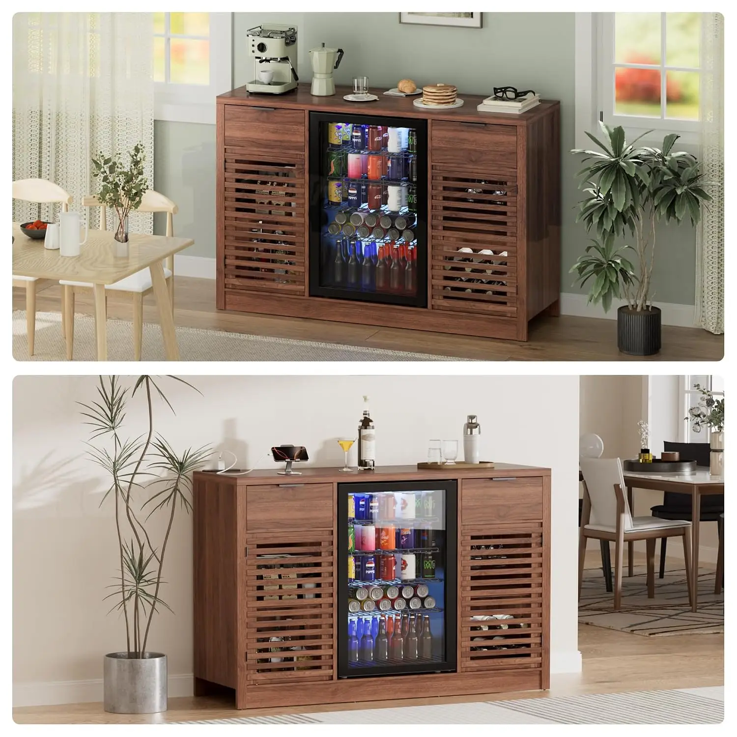 Fluted Coffee Bar Cabinet with Fridge Space & Power Outlets, Wine Rack Glass Holder, Mini Fridge Stand Charging Station, Kitchen view 3