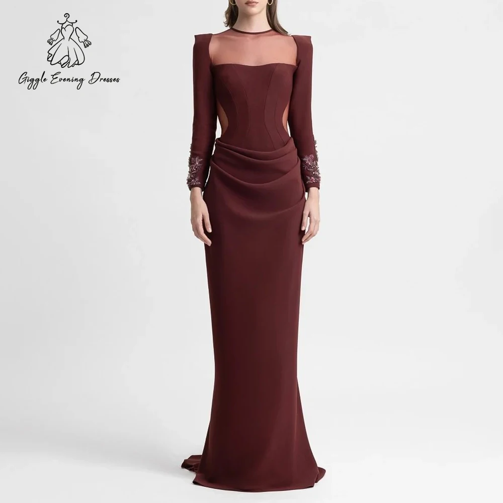 

Giggle Dark Red Long Sleeves Arabic Prom Dresses Scoop Neck Illusion Back Sexy Pleat Satin Evening Formal Dresses Customized