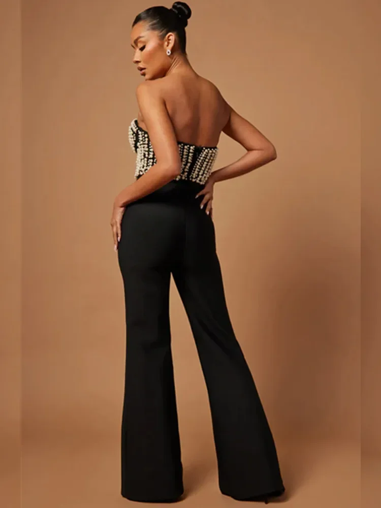 2025 Celebrity Women Luxury Sexy Strapless Pearl Black Bodycon Bandage Jumpsuit Celebrity Designer High Street Rompers