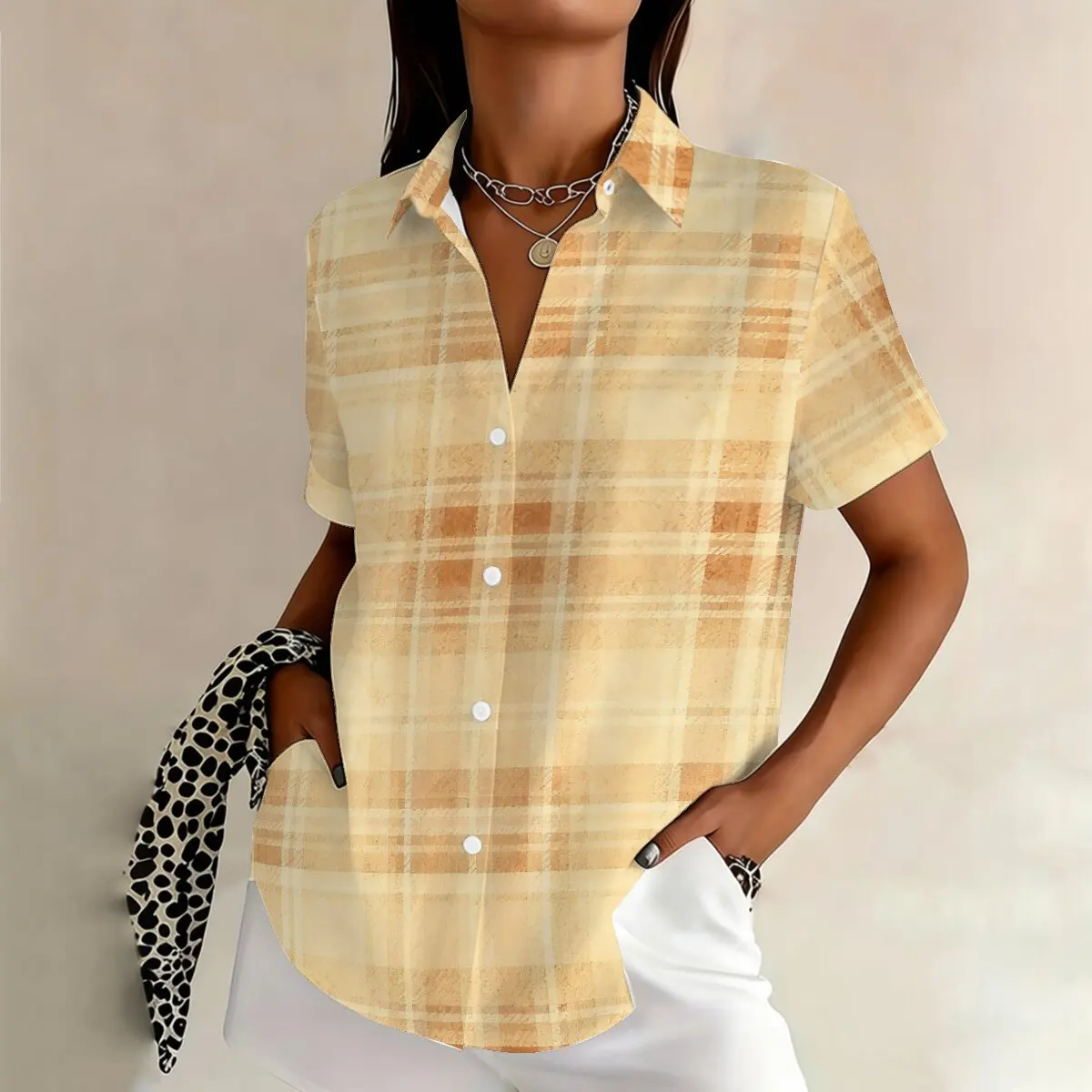 

Personalized and minimalist ink dyed checkered printed women's summer collar short sleeved shirt fashionable and versatile top