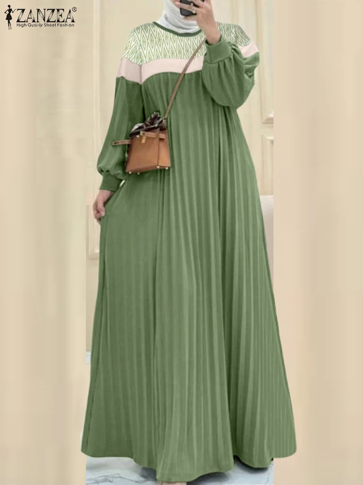 Muslim Hijab Dresses Turkey Abaya ZANZEA Autumn Long Sleeve IsIamic Robe Kaftan 2025 Women Pleated Maxi Dresses Patchwork Dress