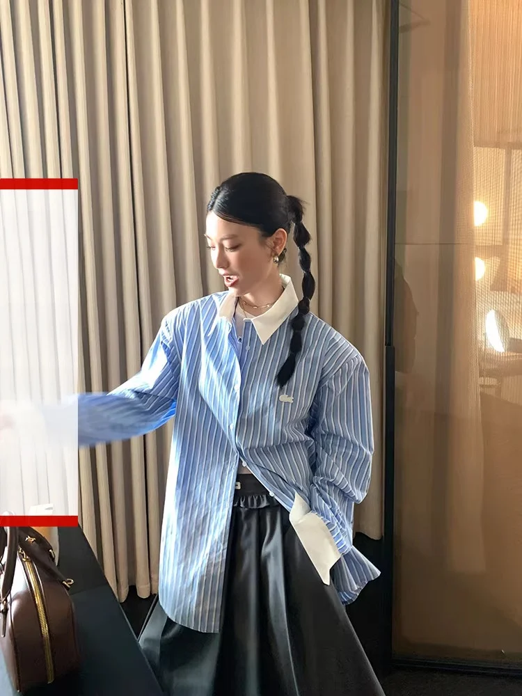 

DULA сине-белый полосатый длинный женский свободный утягивающий универсальный топ в корейском стиле с воротником из смеси хлопка и полиэстера