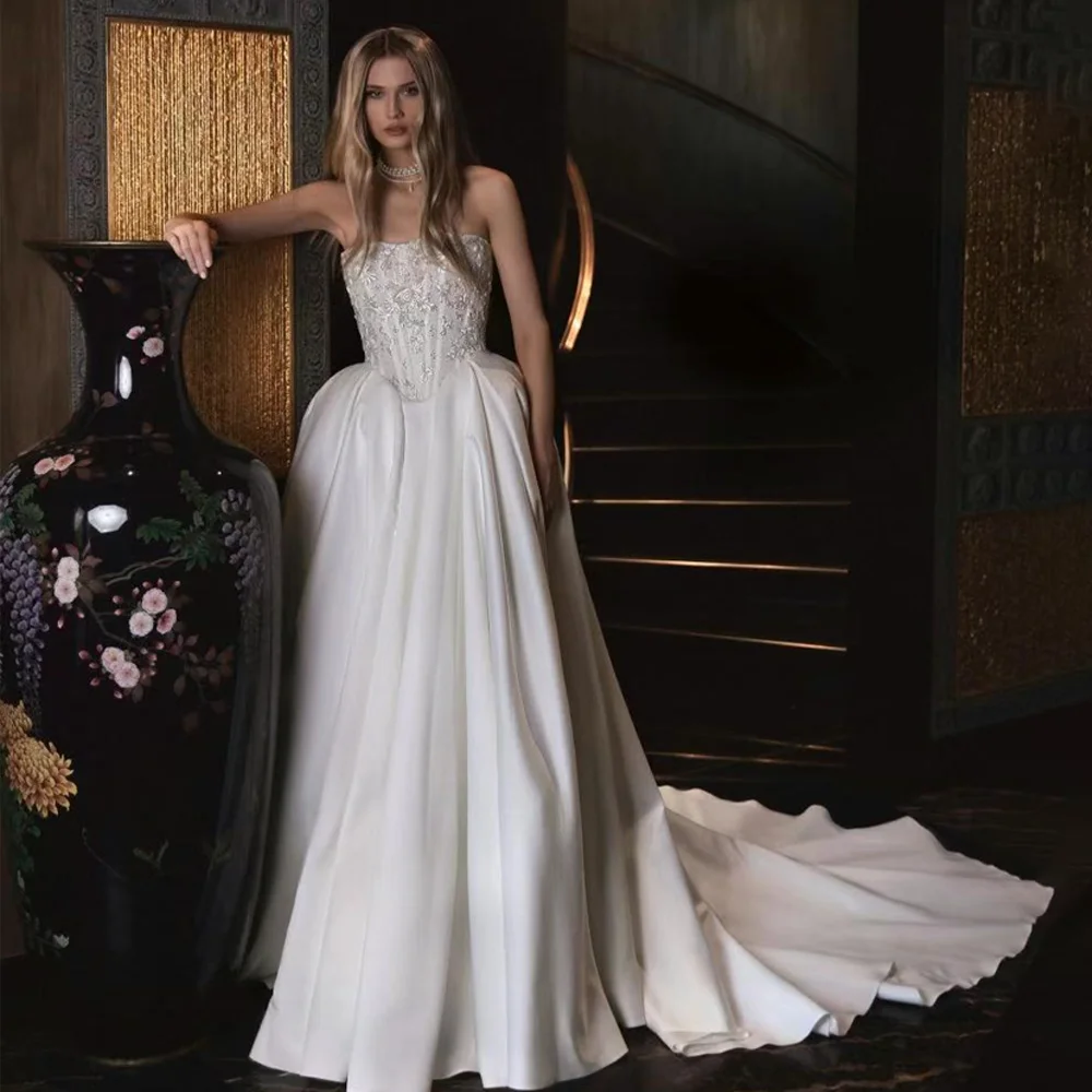 

Свадебное платье трапециевидной формы без бретелек, атласные свадебные платья без рукавов, вечернее платье по индивидуальному заказу свадебное платье