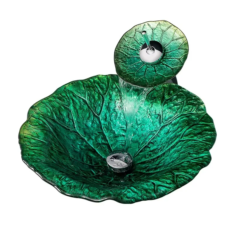 Hot Sale Modern Design Luxury Green Lotus Leaf Glass Art Washbasin Washbasin Price Cabinet Sink Bathroom Washbasin