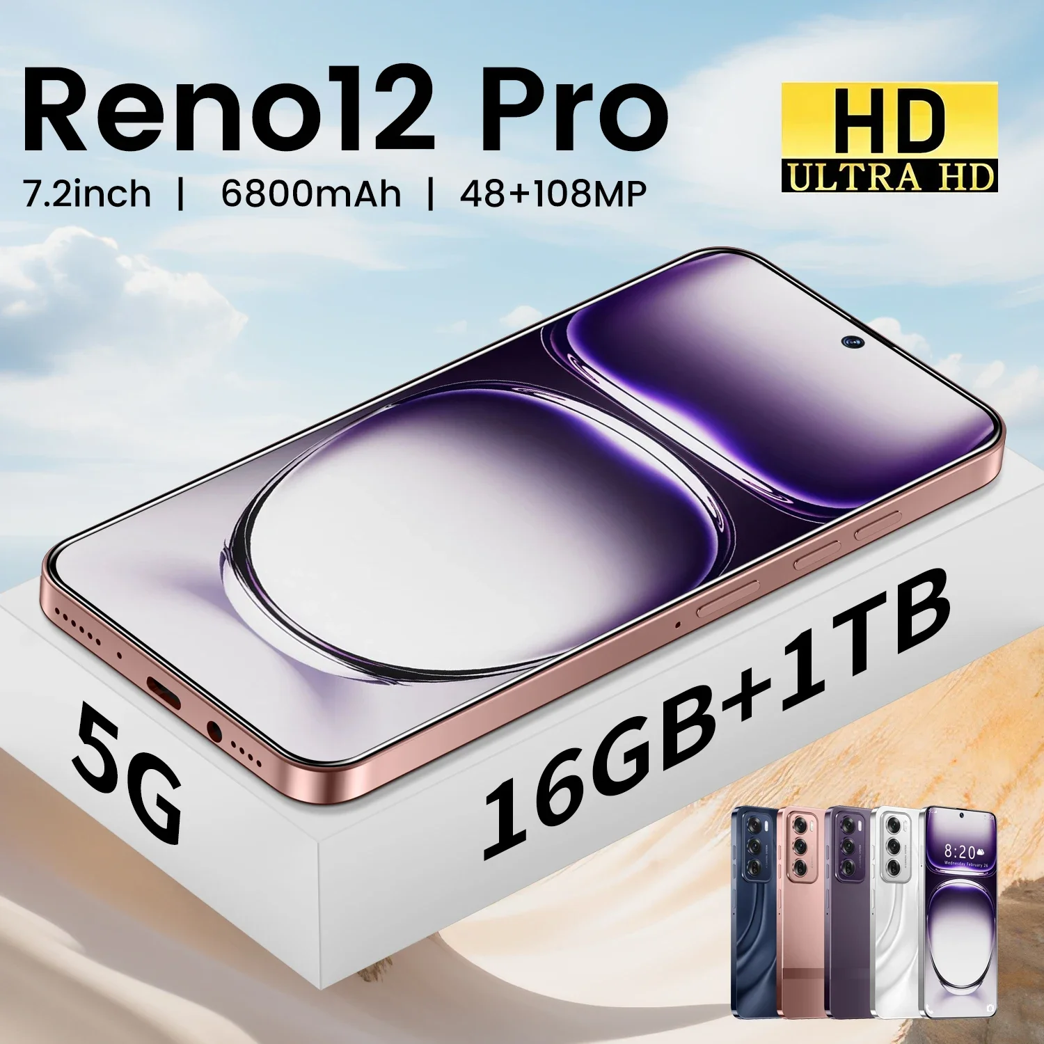 Reno12 Pro New Smartphone 5G 7.2-inch High-definition Android 13 Snapdragon 8gen2 10core Dual SIM Phone 7800mAh Unlocking Phone