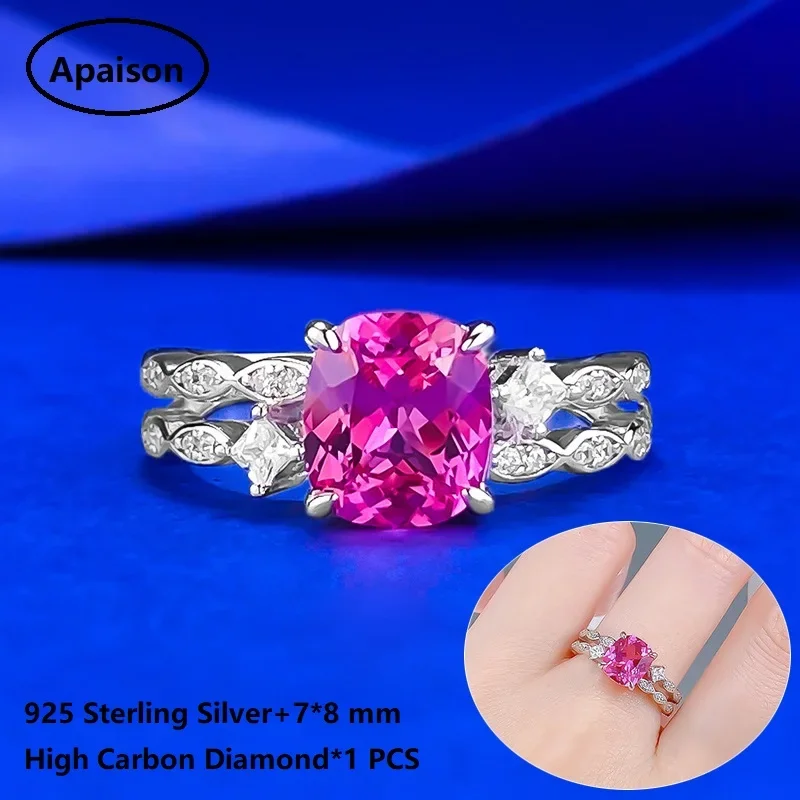 Apaison 925 Sterling Silver 7*8 mm High Carbon Diamond Rings For Women Wedding Anniversary Female Ring Fine Jewelry Gift