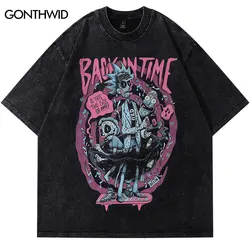 Vintage Tshirt Streetwear Hip Hop Japanese Zombie Anime Cartoon Graphic Print Washed T-Shirt Harajuku Punk Gothic Oversized Tops