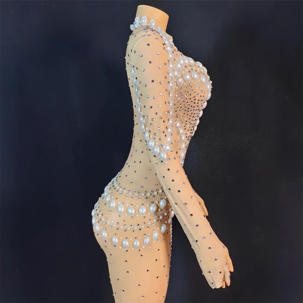 진주 럭셔리 생일 드레스 여성 고고 댄서 의상 가수 호스트 무대 착용 긴 소매 슬림 롱 드레스 반짝이 의상 yj591
