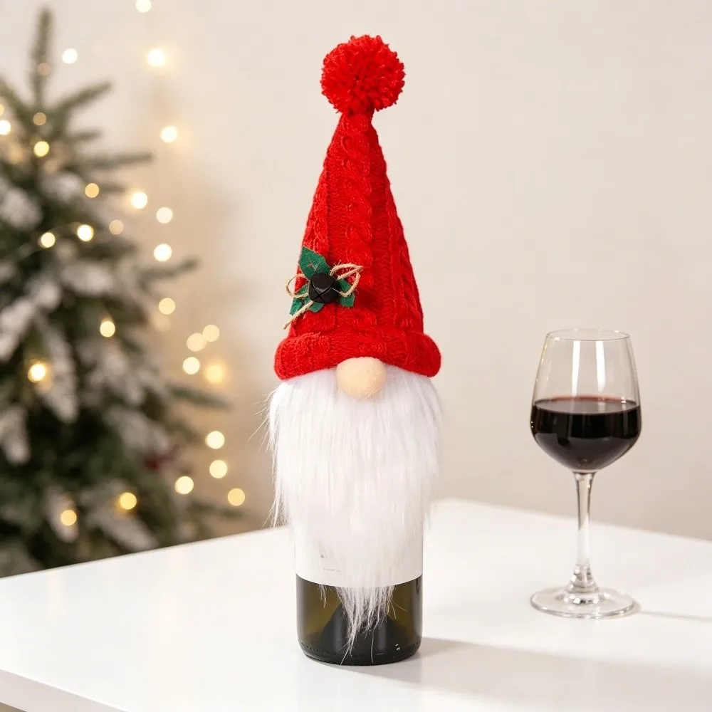 Festive Gnome Ornament Christmas Gnome Bottle Cover Knitted Cotton European Style Christmas Knitted Wine Cover Soft Texture