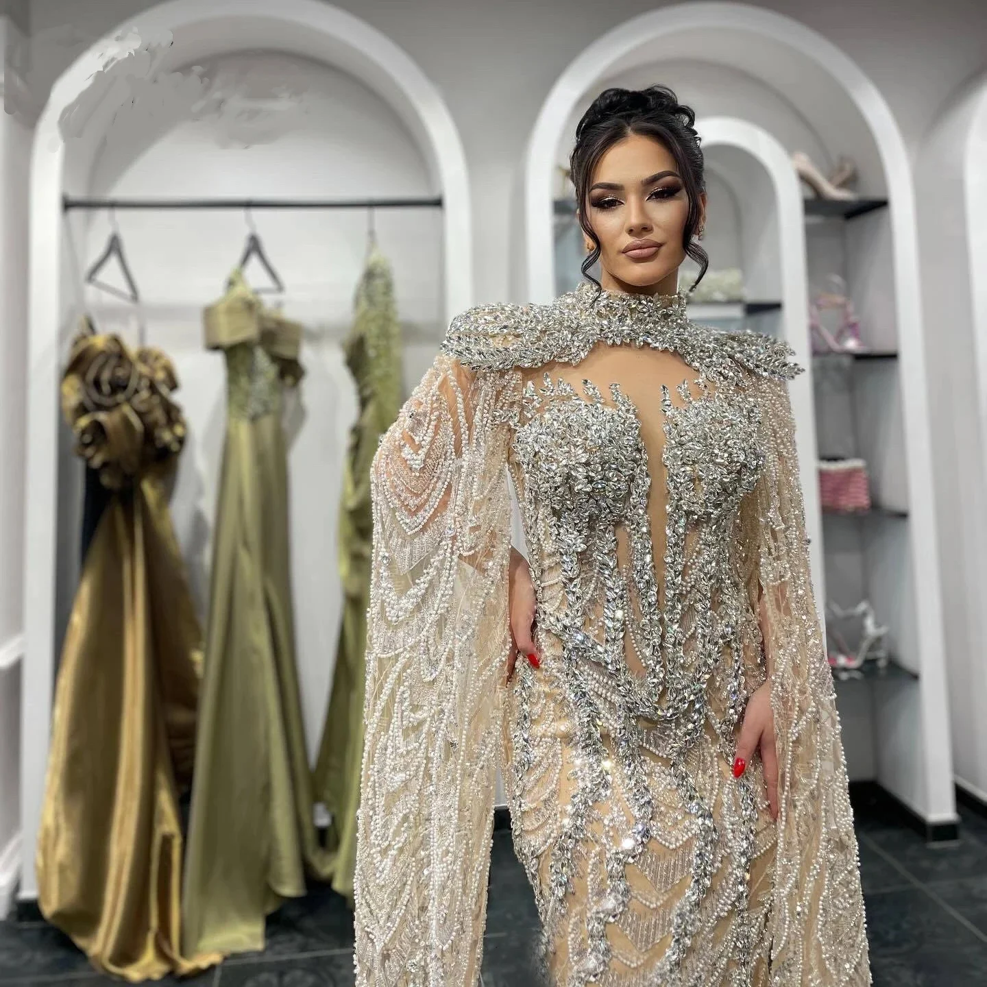 Luxe avondjurken kristallen veren galajurk strass strapless met cape illusie zeemeermin feestjurken vestidos de noche