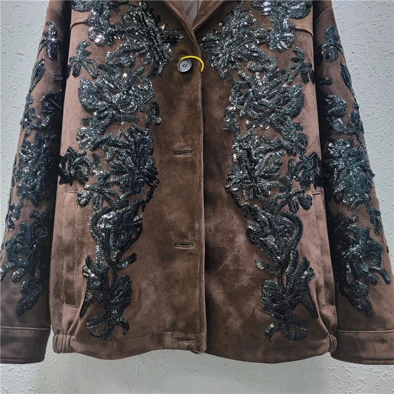 WTHT Trendy Women's Seuqins Embroidery Design Loose Suede Fabric Coat 2024 Winter New Lapel Long Sleeves Buttons Female 1LS471