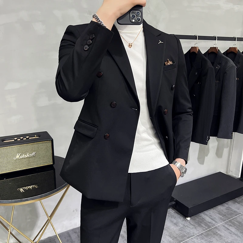 High-end double-breasted suit (suit + trousers) S-7XL Korean slim fashion handsome business solid color suit two-piece set