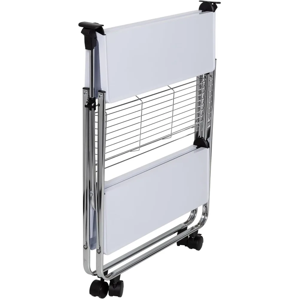 Modern Folding Kitchen Cart with Wheels and Metal Basket