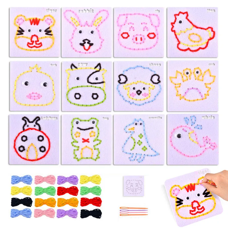 DIY Sewing Set Kids Toddler Fine Motor Training Threading Toys Cute Cartoon Non-woven Fabric Art Craft Montessori Sensory Boards