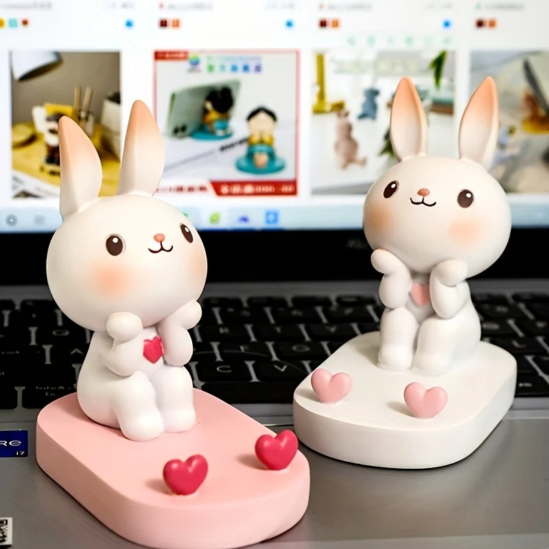 Cute Bunny Cell Phone Stand Holder Resin Rabbit Smartphone Stand Desktop Phone Holder Animal Statue Tablet Stand for Home Office