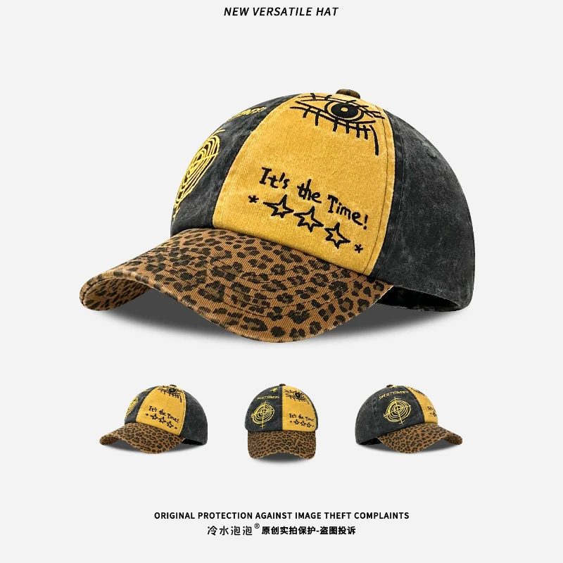 

Niche Y2k Leopard Print Color Matching Washed Cotton Embroidery Women Hip-hop Hat Spring and Autumn Sunshade Men Baseball Cap