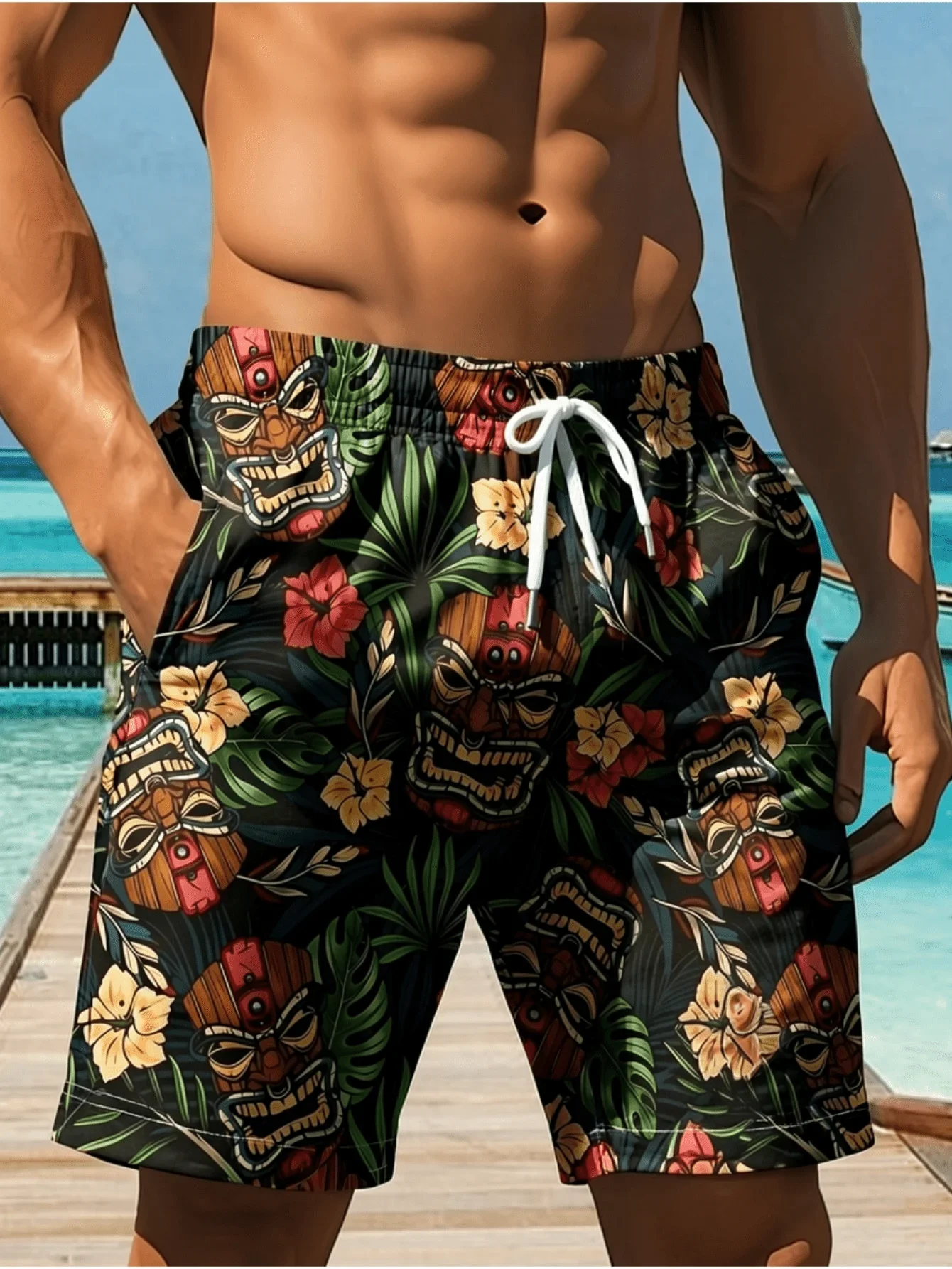 Hawaiian Tiki Mask Hibiscus Palm Leaf Surfboard 3D Print Men Quick Dry Beach Board Shorts Drawstring Swim Trunks