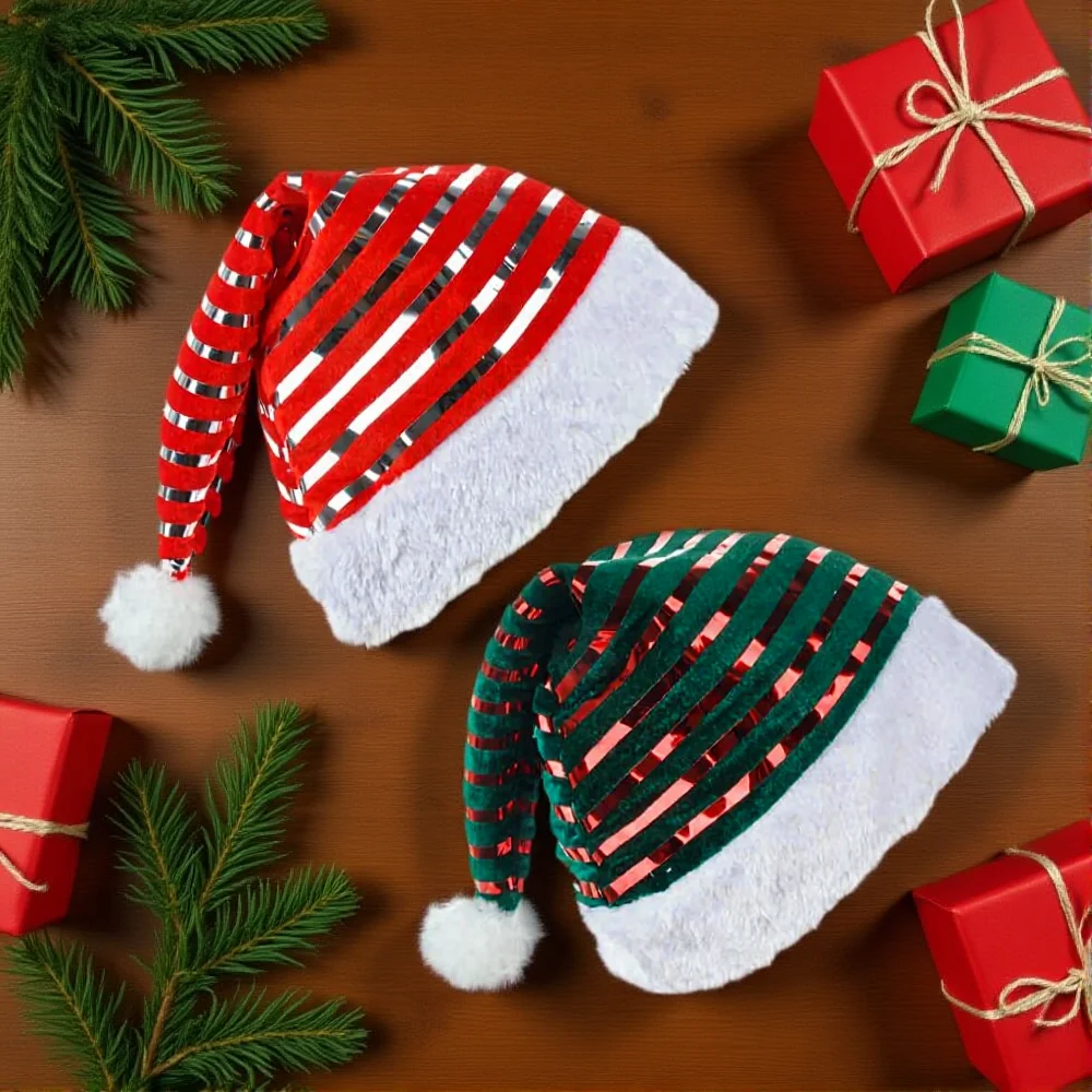 Christmas Hats With Shiny Stripes - Red & Green Velvet Santa Caps With White Faux Fur Trim, Festive Headwear For Christmas