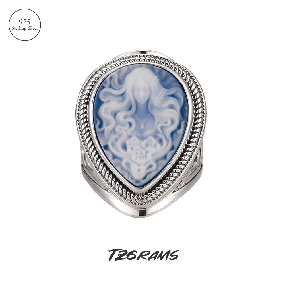 TZgrams Genuine 925 Silver Natural Blue Onyx Medusa Ring White Shell Cameo Water Drop Goddess Big Rings for Women Fine Jewelry