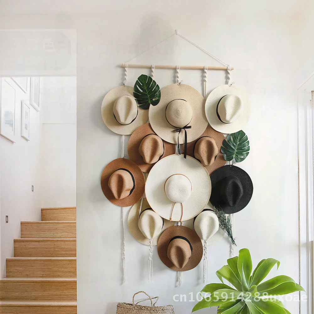 

Nordic Style Hand-woven Cotton Tapestry Hat Display Rack Wall Hanger Pastoral Striped Rectangle Hat Storage for Living Room