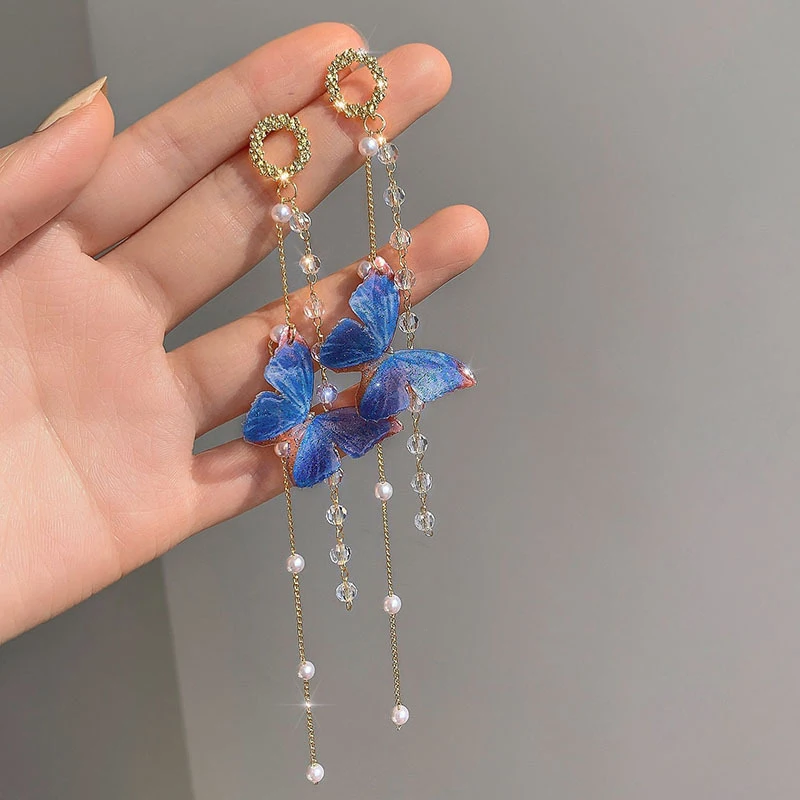 Pendientes de borla de cristal de mariposa rosa azul dulce para mujer, nueva moda coreana, pendientes largos delicados de gota, joyería, regalo de