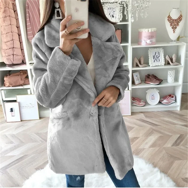 Women Autumn Winter Coat Jacket Plush Fleece Long Sleeve Fashion Solid Color Coats Outwear Label Neck