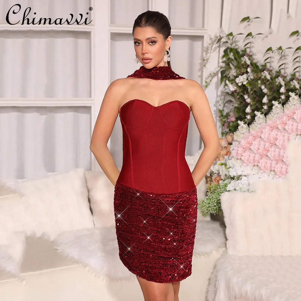 

2026 French Style Women's Elegant Burgundy Halter Strapless Corset Mini Dress Sequin Ruched Bodycon Formal Party Evening Gown