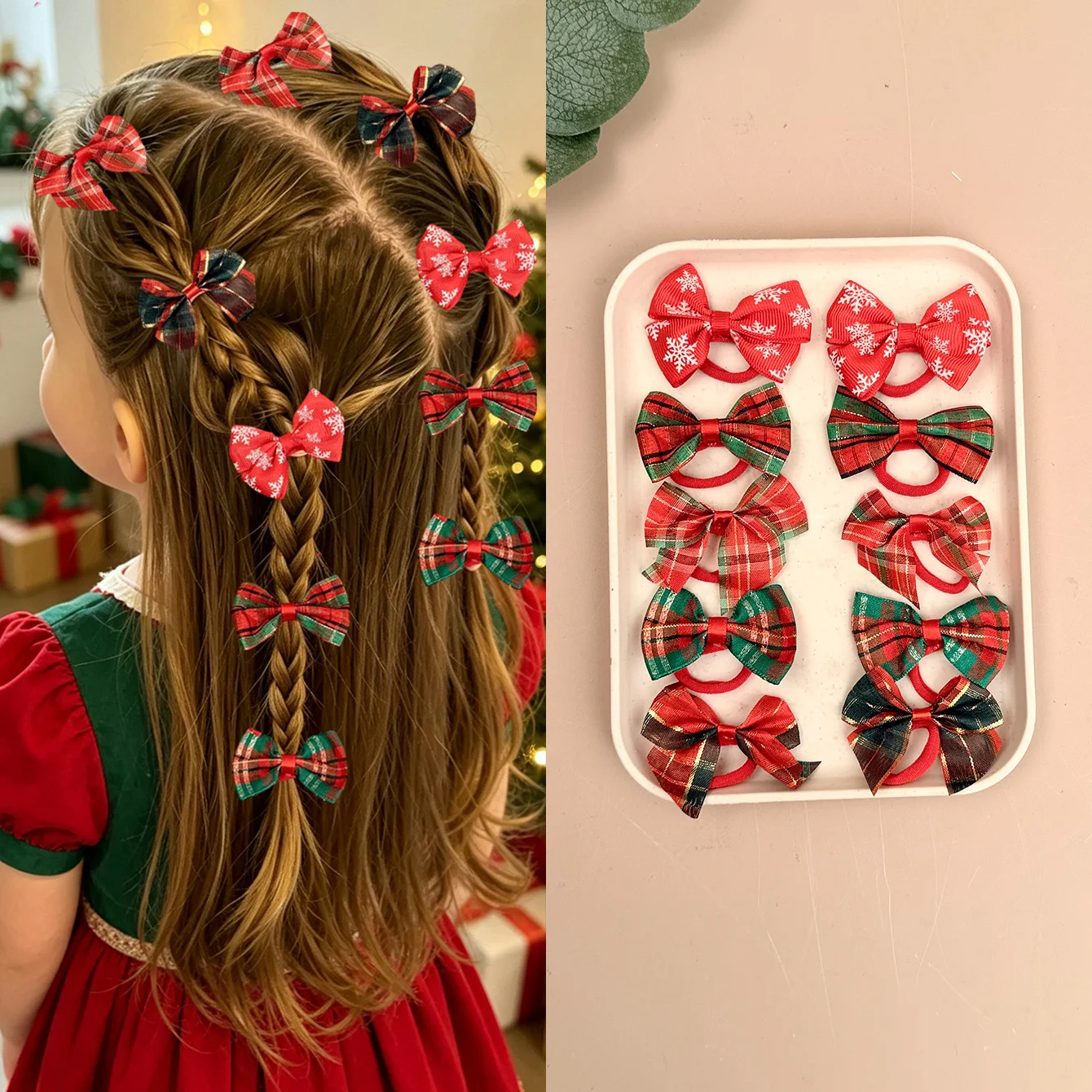 20/10 Pieces of Randomly Assorted Styles of Girls' Christmas Plaid Snowflake Bow Hair Ties, Sweet and Versatile for Holiday Photos, School, Parties, and Girls' Hair Accessories