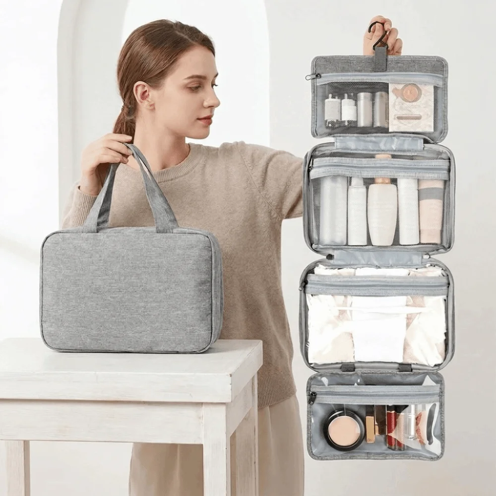 Large Capacity Travel Hanging Wash Bag Waterproof Multi Compartments 4 Fold Toiletry Bag Multi-Pocket Wet Dry Separation