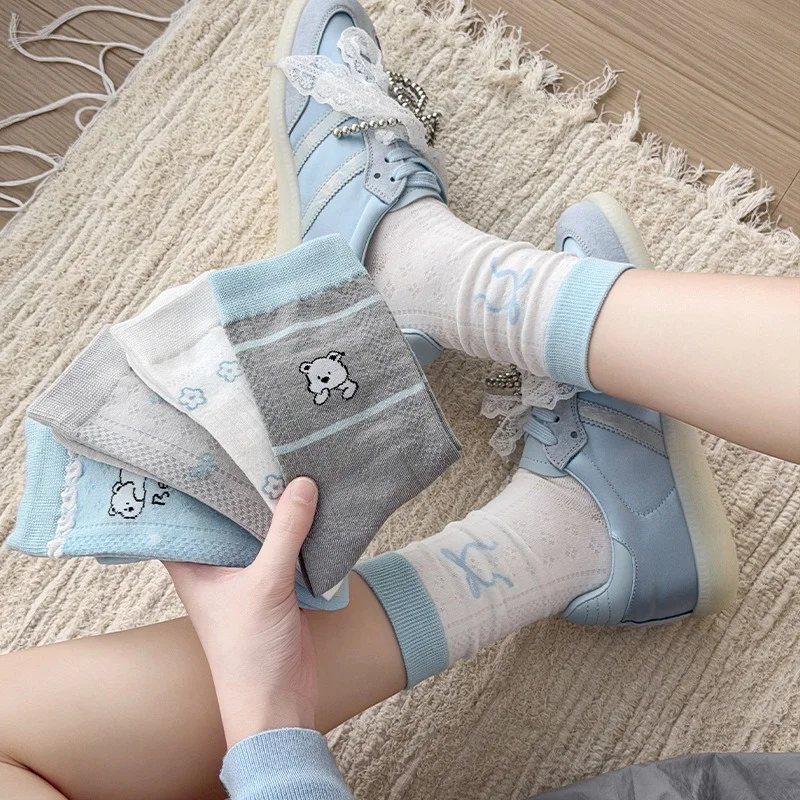 1/4/5 Paar Damen-Socken mit niedlichem Cartoon-Motiv, Frühling und Sommer, dünne Baumwolle, japanischer Kawaii-Instagram-Stil, atmungsaktives Netzgewebe