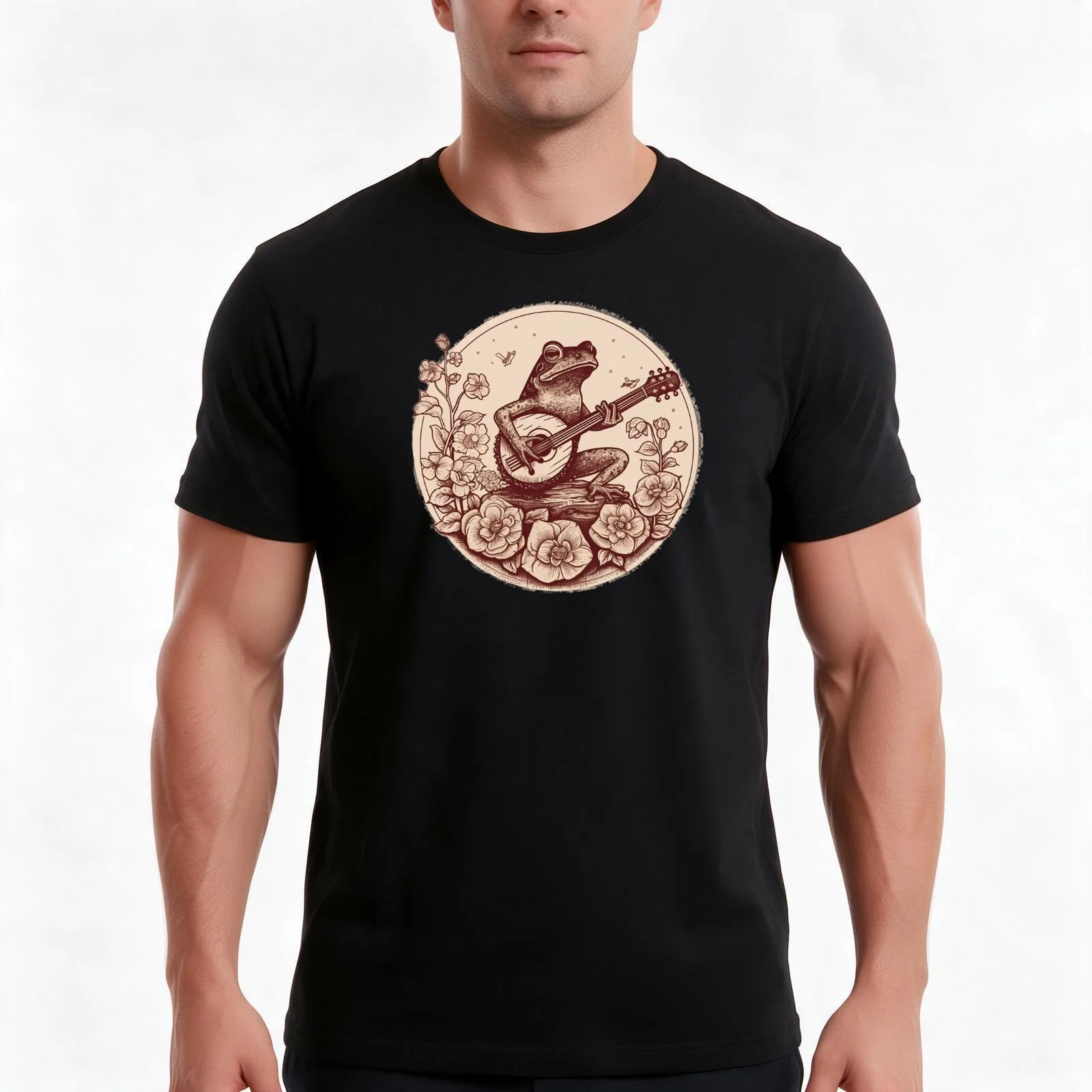 Vintage Cottagecore Frog Playing Guitar - Retro Cottage life Decor Scenery Marsh animal T-Shirt Summer Casual Cotton Tee