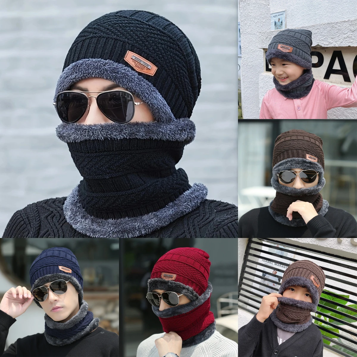 

Parent Child Fleece Warm Thick Hat Scarf Hat Two-piece Set Coral Fleece Men's and Women's Outdoor Cycling Ski Mask Baraklafa Hat