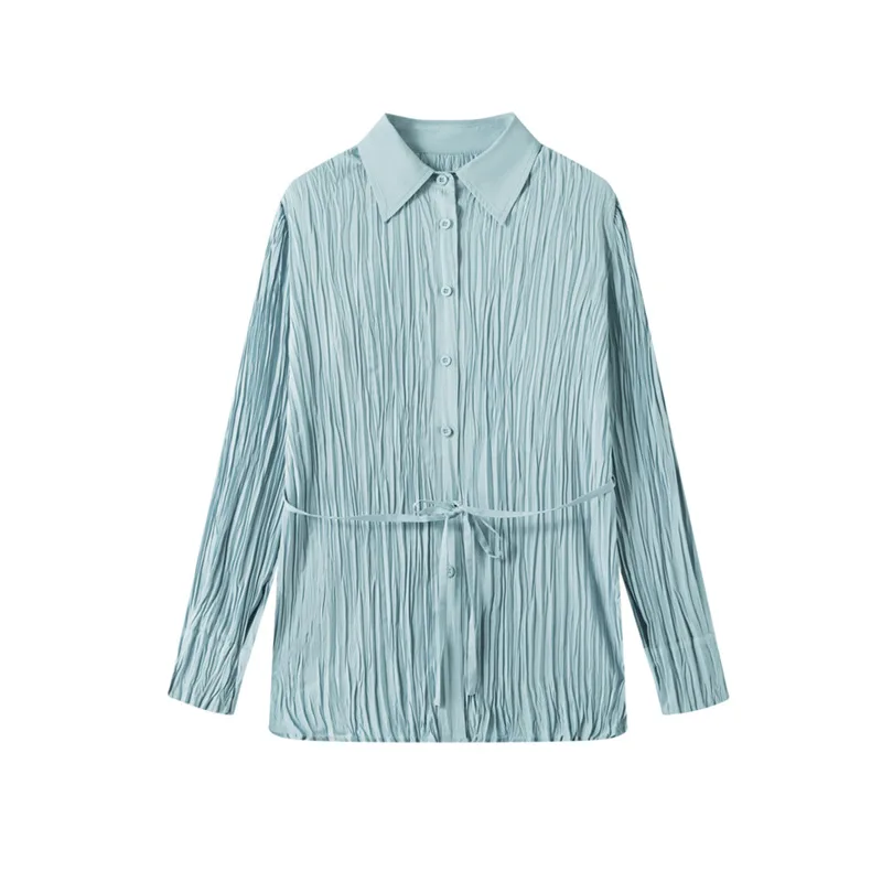 

Miyake Pleated Top 2025 Spring and Autumn Outfit with Lace Up, Solid Color, Fashionable Design, Women's Shirt, Women's Shirt