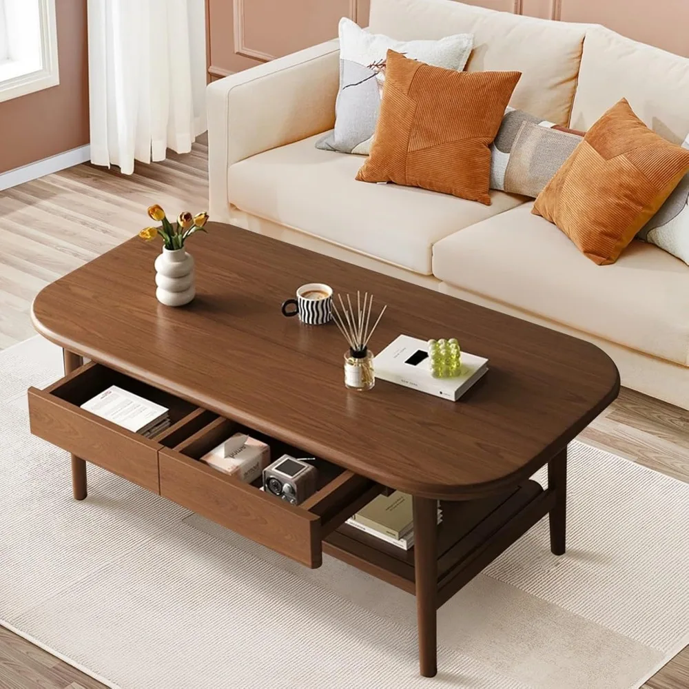 

Solid Wood Coffee Table, 2 Tier Rectangle Coffee Table with Storage, 47'' Modern Center Table for Living Room, Apartment, Home (