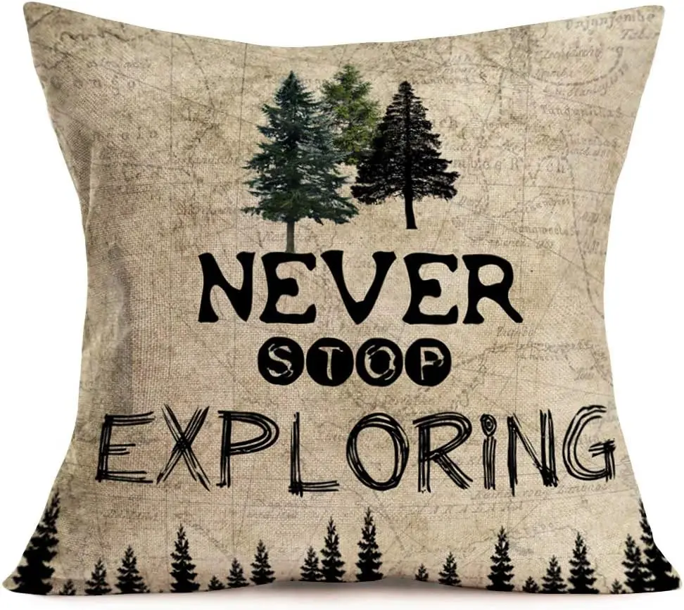 Fodera per cuscino Vintage Camping Campfire Tree Adventure Mountain Peak Decoration federa quadrata in lino decorazione per la casa