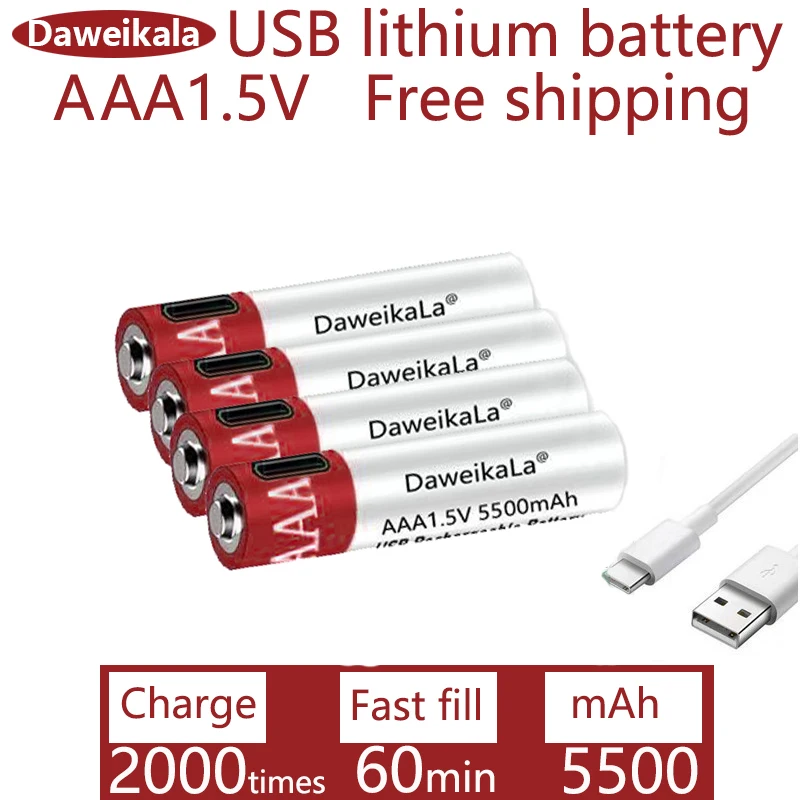 Capacity Charger Free Large 1.5V AAA 5500mah USB Rechargeable Lithium Ion Battery for Remote Control Wireless Mouse + Cable