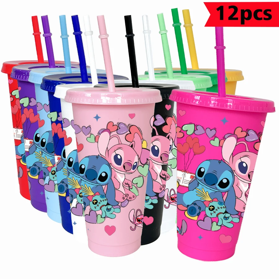 

12 шт./упак. Disney Stitch Angel 26 унций цветной пластиковый стакан для дня рождения, питьевая посуда, кружка для сока, кофе