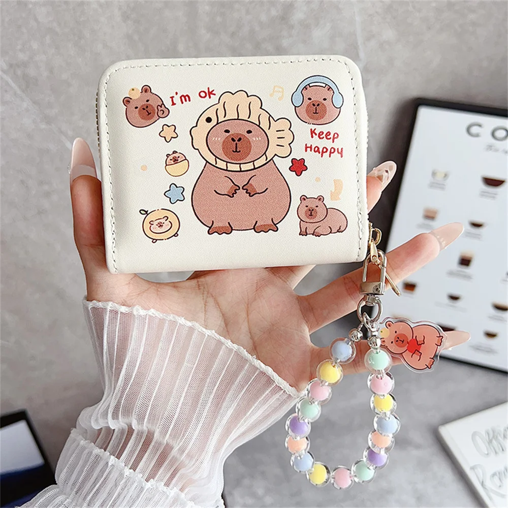 

Cartoon Capybara PU Short Wallet with Beaded Keychain Cute Card Holders Large Capacity Students Money Bag Portable Coin Purses