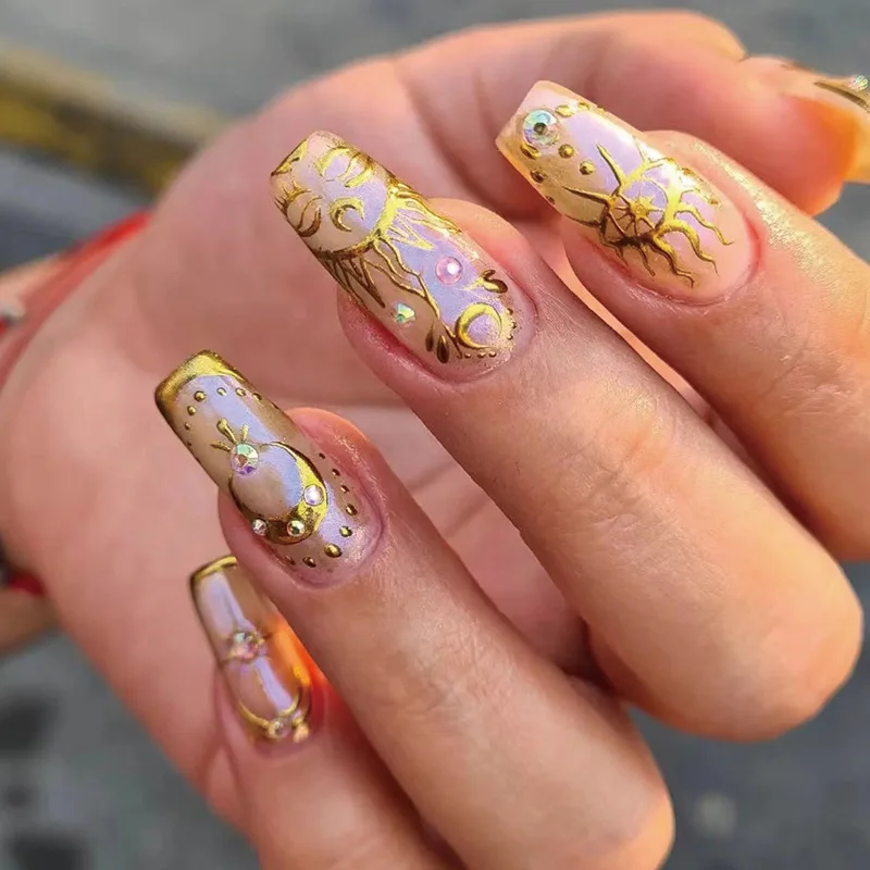 Gold Lines Sun Totem Wearable Nail Art Star Glossy Long Ballet Detachable Finished False Nails Fashion Press on Nails Wholsale