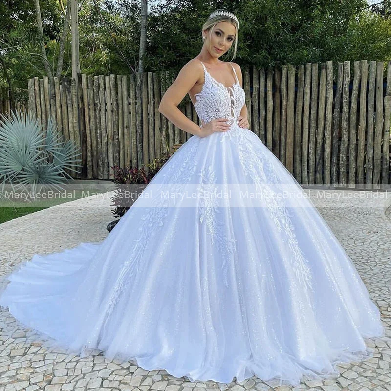 Vestido de novia con tirantes finos y purpurina, con escote en V profundo, corpiño transparente con apliques de encaje, blanco brillante, 2023