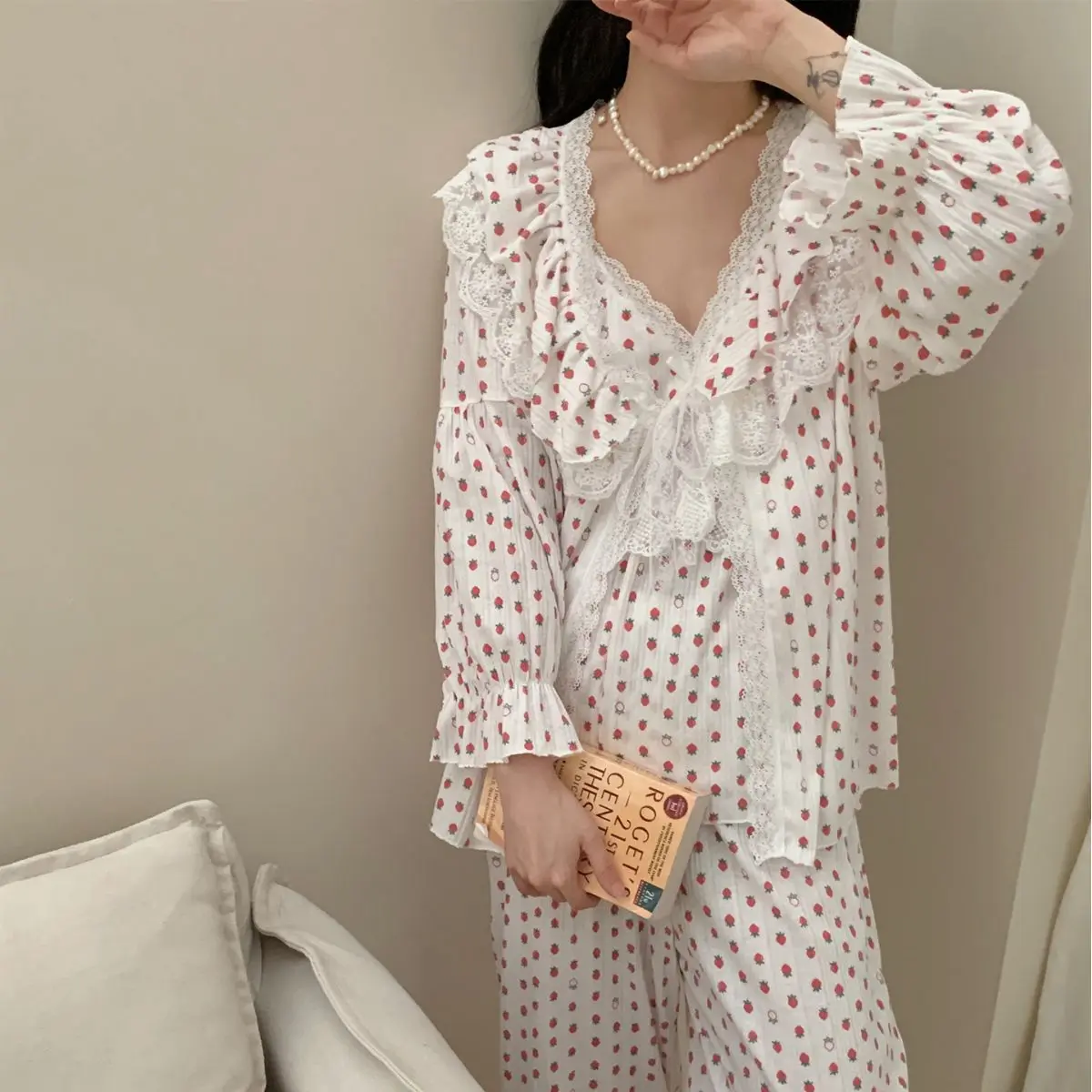 

Cotton 3PCS Pajamas Set Sweet Lace Print Strawberry Sleepwear Trouser Suit Pyjama Pour Femme Loose Women Home Clothes Loungewear