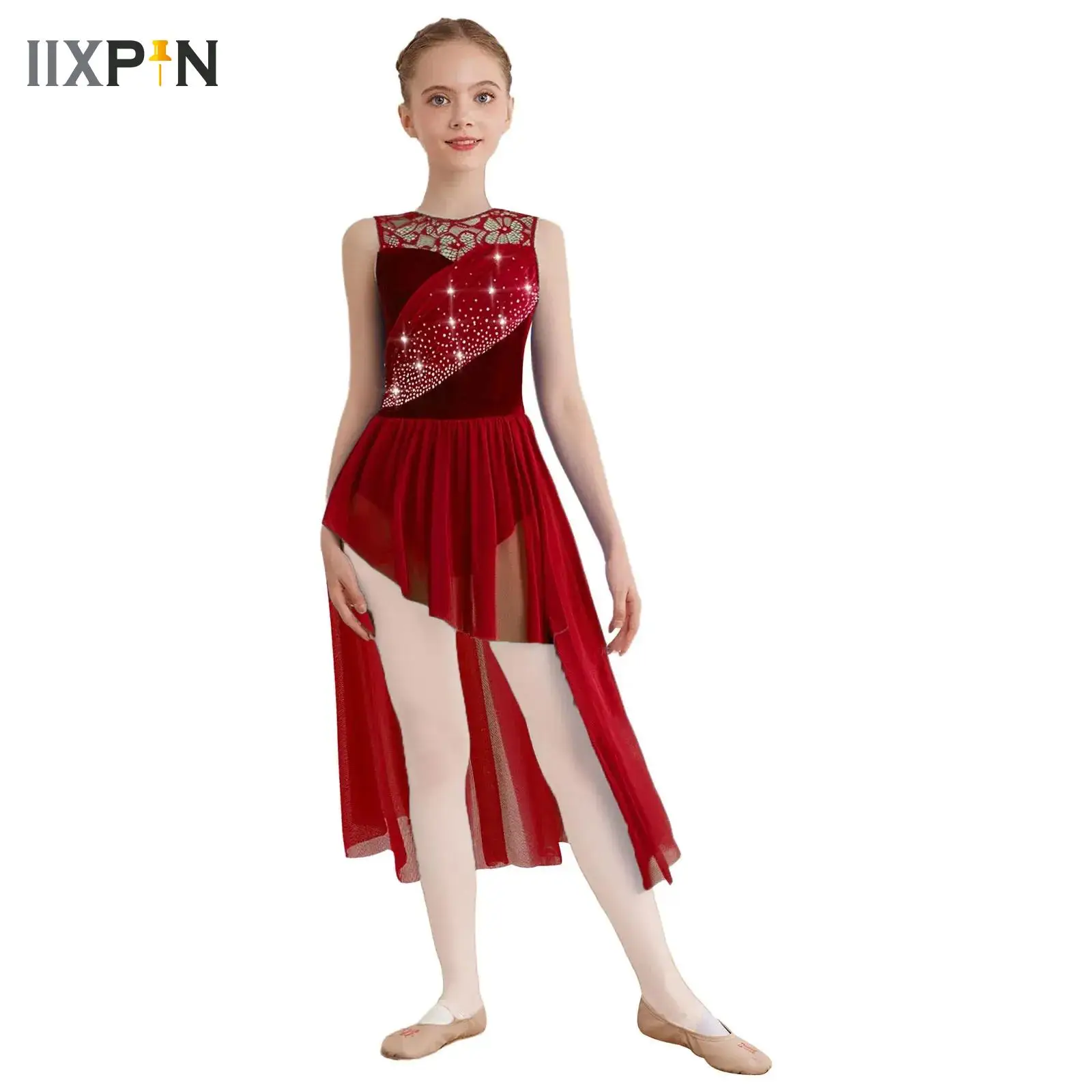 

Kids Girls Figure Skating Dance Dress Lace Patchwork Asymmetrical Hem Rhinestone Modern Lyrical Dance Costume Ballet Dresses