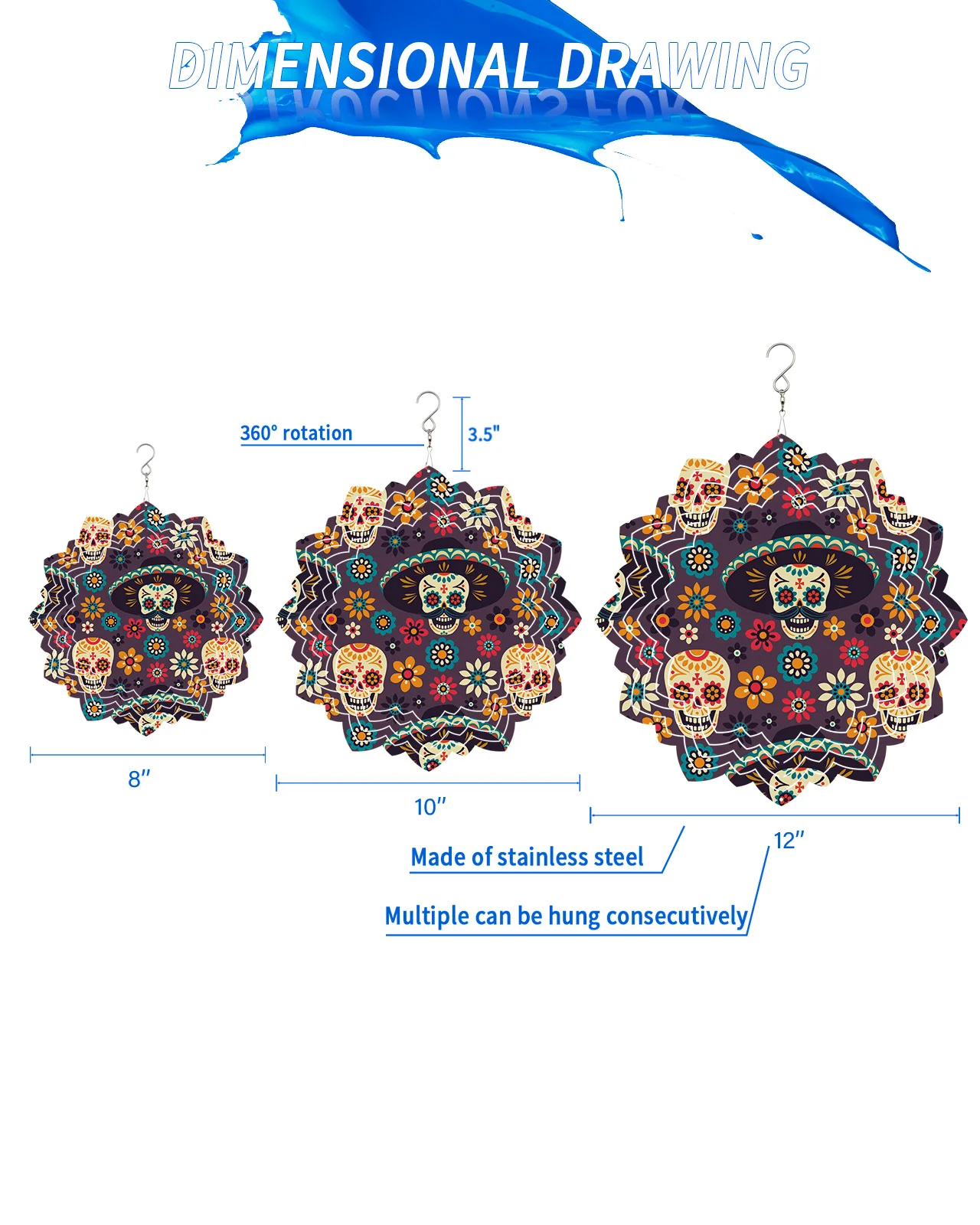 Mexico Skull Flowers Outdoor Wind Chime Garden Balcony Stainless Steel Hanging Decorations For Home 3D Rotating Wind Spinner