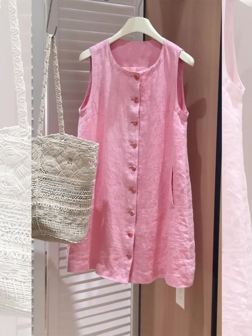 Girls Pink Versatile Ageless Sleeveless Shirt plus Size Women round Neck Slimming Long Mid-Length Button-Up Cotton Polyester ...