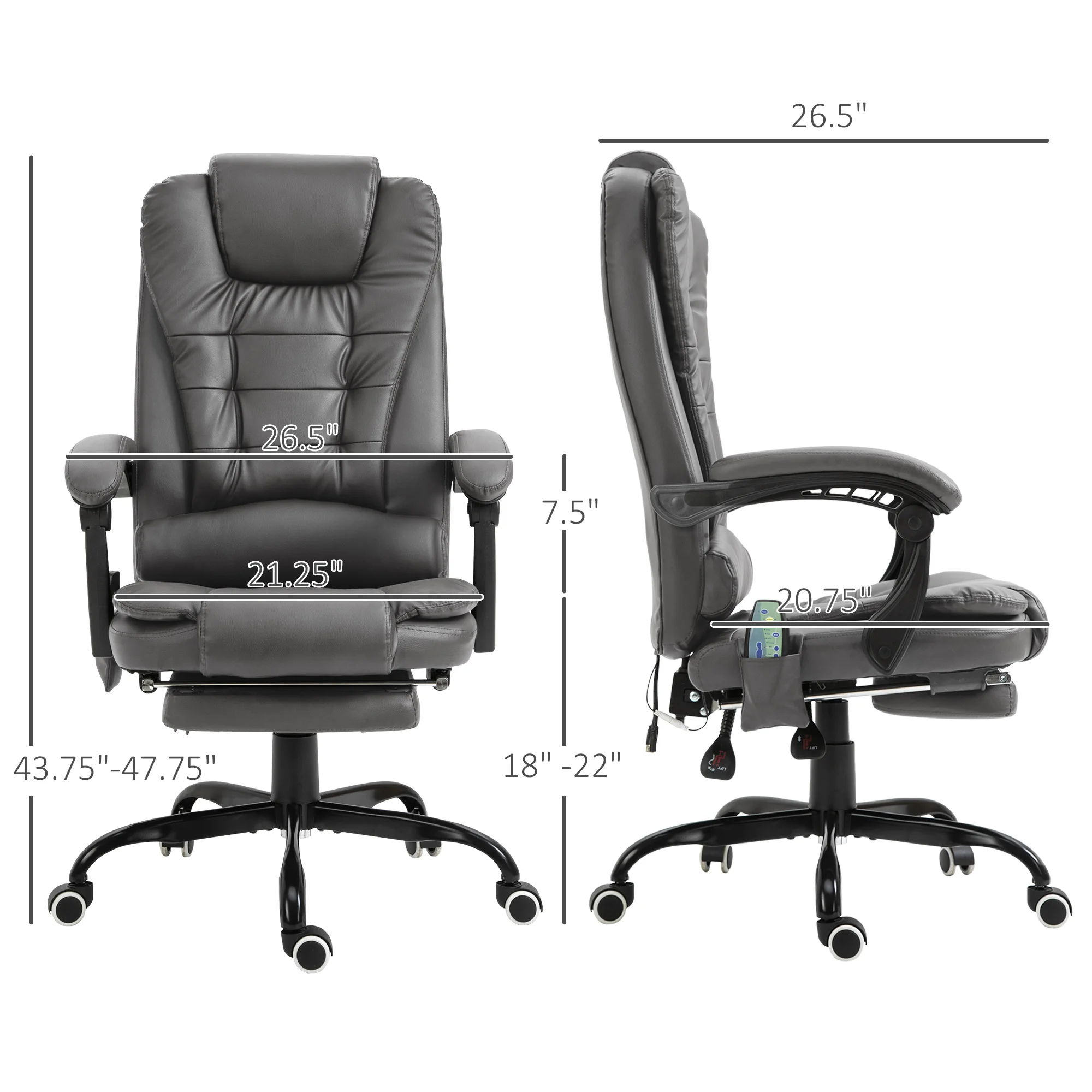 Pu Leather Massage Computer Chair W/ Padded Seat and Adjustable Height, Grey