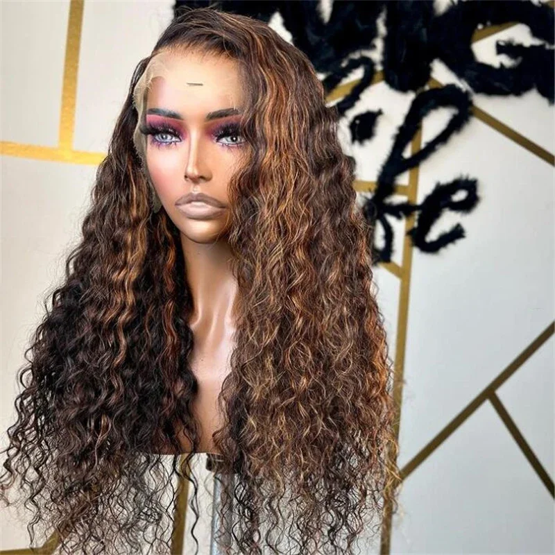 

Long Glueless Natural Highlight Brown 180Density Kinky Curly Lace Front Wig For Women Babyhair 26"Long Heat Resistant Preplucked